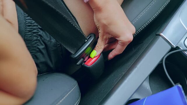 Close up of young woman&rsquo;s hand unbuckling seat belt inside modern vehicle