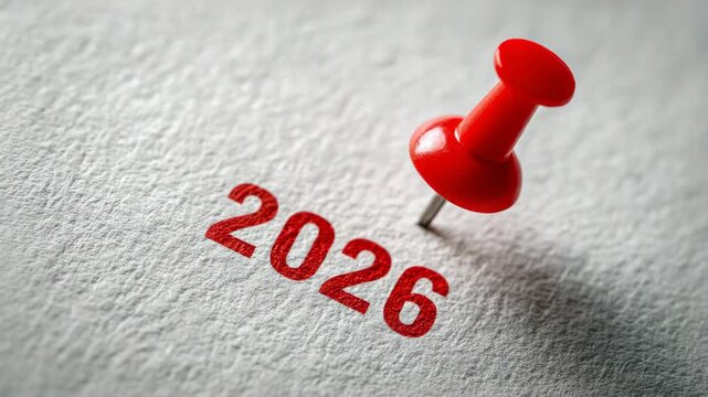 Red pushpin highlighting year 2026 on textured gray surface