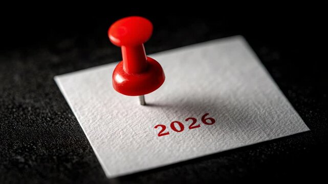 Red thumbtack in 2026: symbol of future planning and organization on white surface