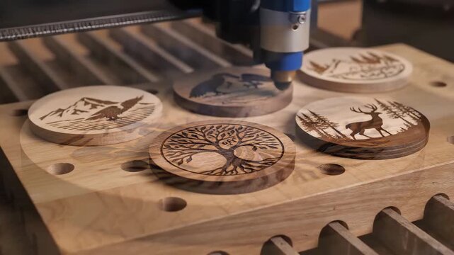 Laser Engraving on Wood Coaster - A laser engraving machine is in the process of etching a mountain and tree design onto a round wooden coaster.