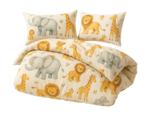Organic cotton kids' bedding featuring animal prints for an eco-friendly nursery.