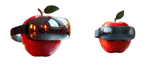 Two red apples wearing virtual reality headsets isolated on transparent background