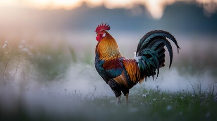 Majestic rooster standing proudly in a misty field at sunrise