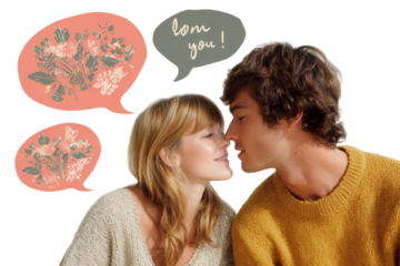 Couple kissing behind flower bouquet, vintage collage mixing black and white photography with pastel color shapes