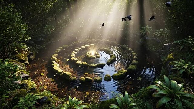 Enchanting Forest Clearing with Spiral Stone Circle and Birds in Flight