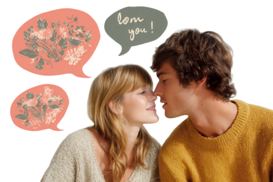 Couple kissing behind flower bouquet, vintage collage mixing black and white photography with pastel color shapes