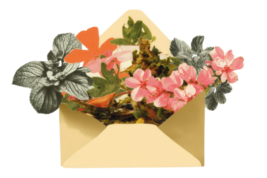 Envelope with flowers and hearts, vintage romantic collage mixing monochrome photo and colorful cut paper shapes