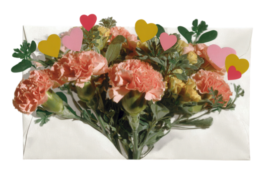 Envelope with flowers and hearts, vintage romantic collage mixing monochrome photo and colorful cut paper shapes