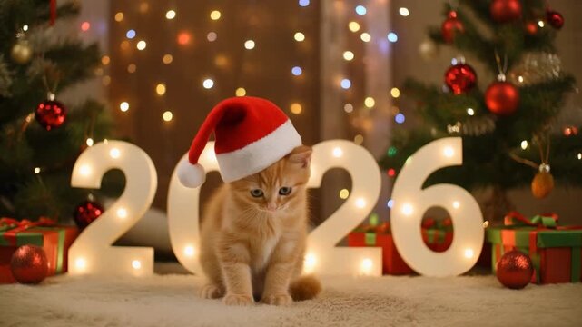 A cute orange kitten wearing a Santa hat sits in front of glowing &ldquo;2026&rdquo; numbers surrounded by Christmas decorations.
