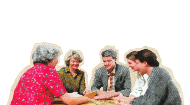 .Family gathered around sunday table, nostalgic indoor photography, warm natural light through window, subtle film grain, tenderness and harmony