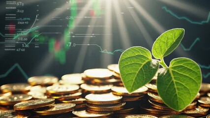 Green plant growing on coins with financial chart in background symbolizing investment growth. - Powered by Adobe