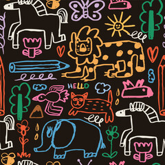 Various doodles, animals, tree, flowers, pencil. Colorful playful childish crayon style. Horse, butterfly, bird, elephant, cat, bee. Hand drawn trendy Vector illustration. Square seamless Pattern