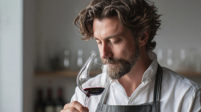 Man with beard and apron smelling red wine in a glass, showcasing wine tasting expertise and appreciation in a refined indoor setting.