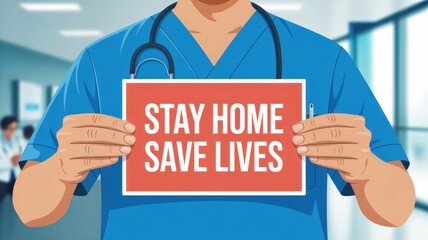 A healthcare worker holds a sign urging people to stay home to save lives, emphasizing the importance of community health during a crisis.