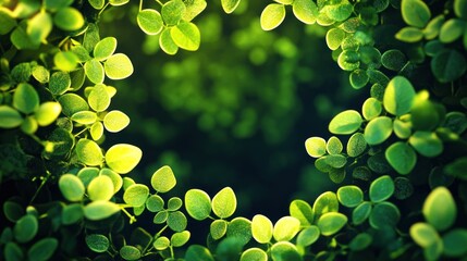 Dense green foliage frame with a circular, dark center; natural sunlight highlights