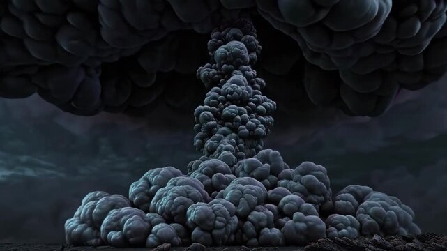 Massive nuclear explosion with fiery mushroom cloud.