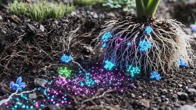 Microscopic View of Plant Root System and Soil - A close-up visualization showcases a plant root system interconnected with soil and enhanced by glowing microorganisms of blue, green, and purple hues.