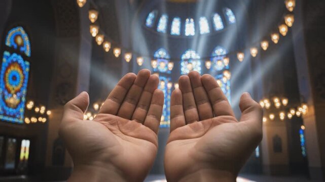 A pair of hands raised in prayer inside a beautifully lit mosque with sunlight streaming through stained-glass windows.