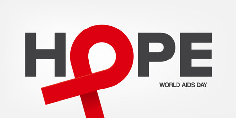 Naklejka premium Hope lettering design with red ribbon. World AIDS DAY 1 december banner with red ribbon. World HIV awareness day starts in 1 December. Red ribbon with text background. World AIDS Day poster