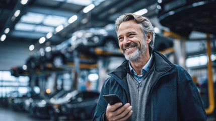 Smiling senior man using smartphone in modern auto repair shop, representing customer satisfaction, technology use, and professional automotive service environment.