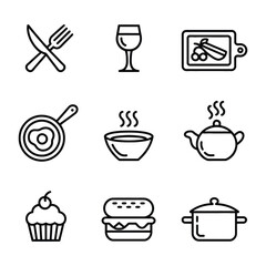 Food and Drink Icons Set With Knife Fork Wine Glass Pan Pot and Burger vector illustration