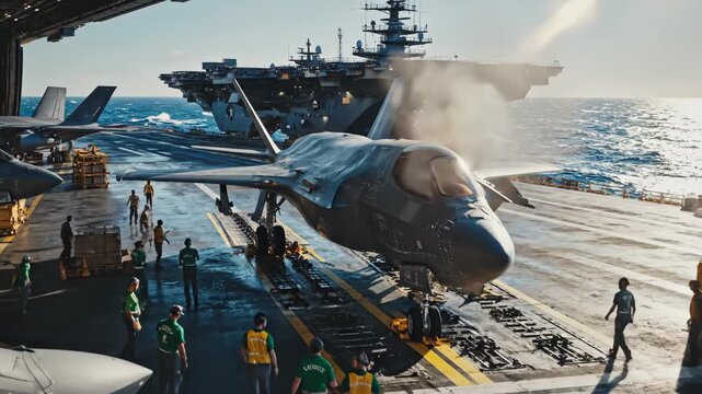Modern Fighter Jet on Aircraft Carrier - An F-35 fighter jet sits ready for takeoff on the flight deck of an aircraft carrier at sea.