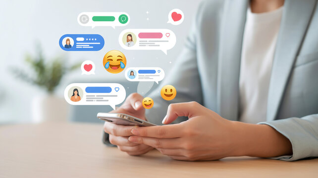 Hands on smartphone with social media chat notifications and emojis communication mobile phone