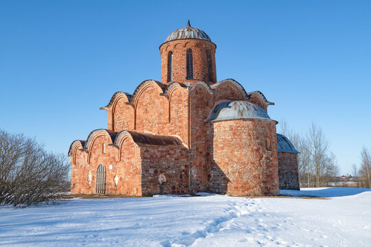 Medieval Church of the Transfiguration of the Savior on Kovalevo in the vicinity of Veliky Novgorod on a sunny March day. Russia