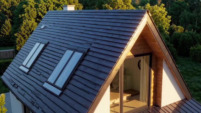 Village house with solar panels on roof, eco-friendly passive design.