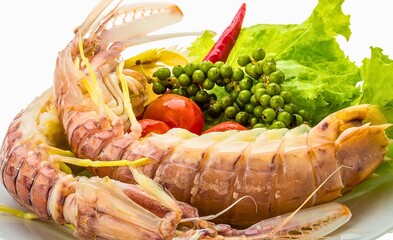 Delicious seafood platter with mantis shrimp and fresh vegetables