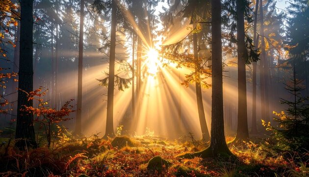 Sun rays through autumn forest trees. (3)