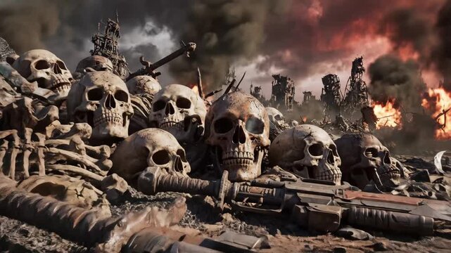 Post-Apocalyptic Battlefield with Skulls - A stark and somber scene shows a mass grave of skulls and bones strewn across a desolate battlefield, littered with weapons and ruined structures.