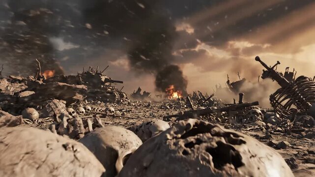 War Torn Battlefield with Skulls - The video depicts a gruesome battlefield scene with numerous human skulls scattered across the landscape.