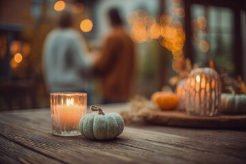 Warm candlelight and soft knitted pumpkins set a gentle Thanksgiving mood. The blurred gathering in the background hints at shared stories, comfort, and the calm joy of being together for the holiday 