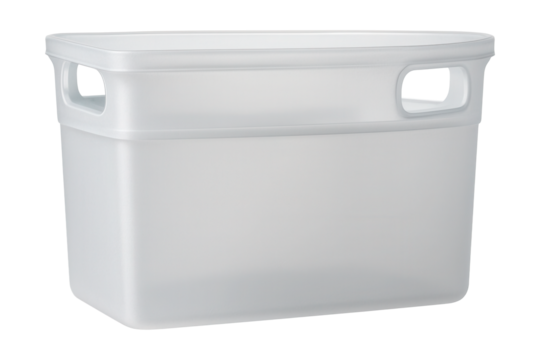 Frosted plastic storage box with handles for easy transport of picnic supplies.