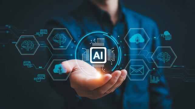 Person holding AI technology network with digital icons for data cloud brain and email artificial intelligence
