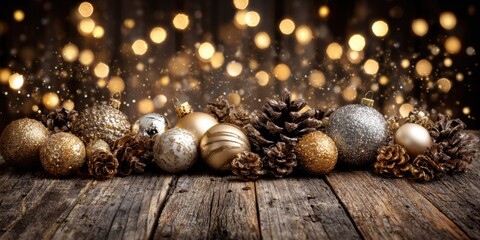 Christmas Ornaments and Pine Cones on Wooden Table