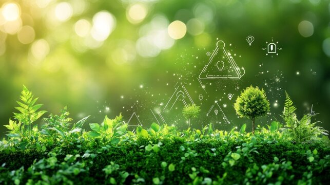 Green plants with graphic elements of sustainability and ecology against a backdrop of sunlight. Suitable for articles about nature, ecology, sustainability, and green technology.