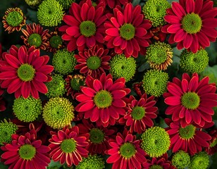 Vibrant red and green chrysanthemum blooms