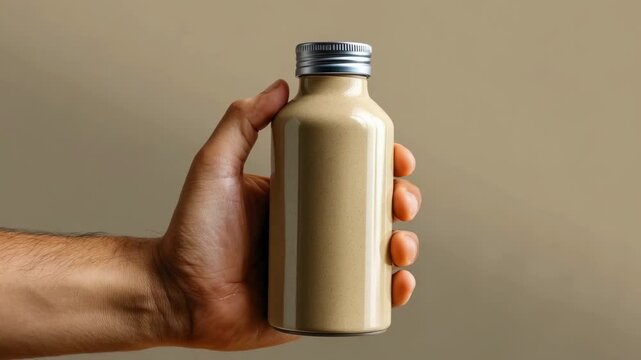 A persons hand holds a glass bottle filled with a thick beige liquid against a plain light brown background The bottle has a silver-colored ribbed screw-on cap