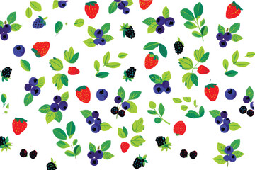 A vibrant illustration featuring scattered strawberries, blueberries, blackberries, and green leaves.
