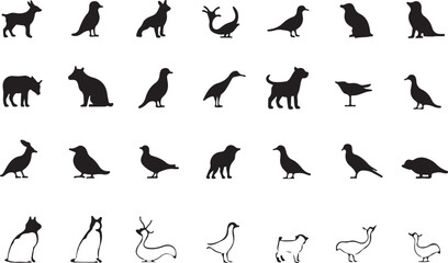 Vector set of black flying bird silhouettes, wild animal and fish illustrations
