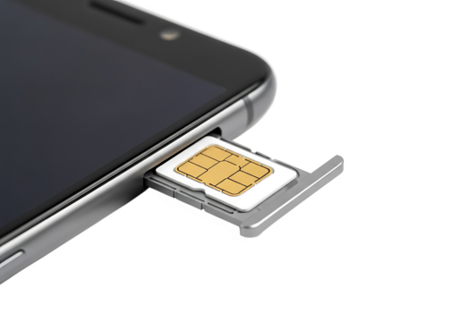 SIM card inserted in smartphone tray on white background  