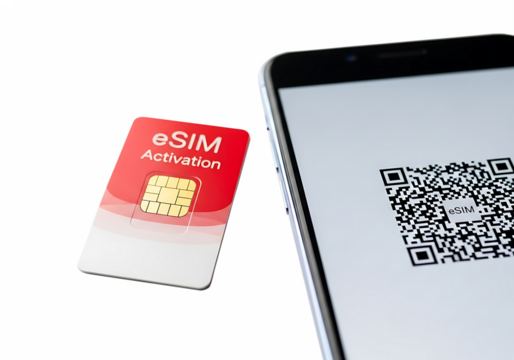 eSIM activation card next to smartphone displaying QR code  