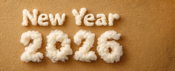 Handcrafted wool letters forming New Year 2026 with fluffy clouds on yellow background, showing creative festive design, celebrating softness, warmth, and charm in joyful seasonal composition.