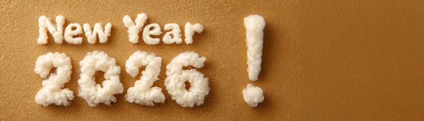 Wool lettering New Year 2026 with handcrafted clouds and exclamation mark on textured yellow background, expressing festive celebration mood, warmth, and joy in minimal creative seasonal concept.