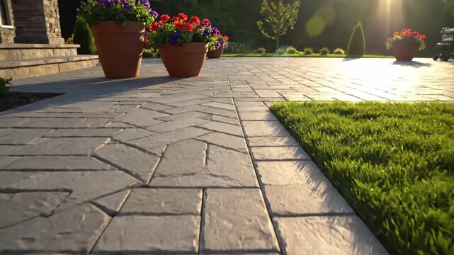Stone Paver Patio With Flower Pots - A low-angle shot showcases a patio made of intricately arranged stone pavers. The patio is adorned with potted flowers and green grass to the side.