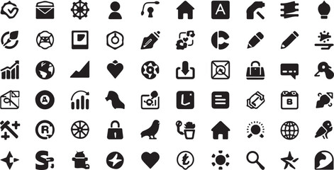 Black vector icons set for web design with business, travel, and music symbols