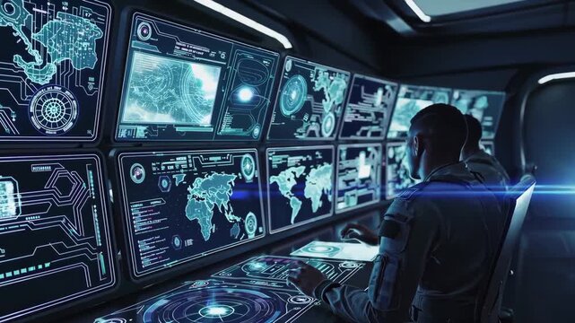 Military command center with soldiers viewing digital maps and tactical screens.