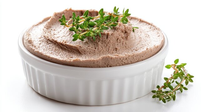 Smooth chicken liver pate in white ramekin garnished with fresh thyme herbs on white background, gourmet appetizer spread for elegant dining